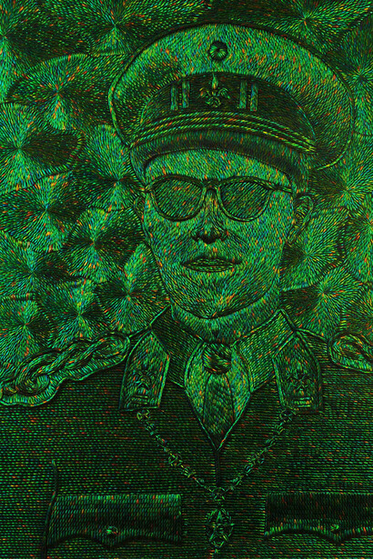 Jan Fabre, Baudouin I, 2011, Elytres de coléoptères sur bois / beetle elytra on wooden panel, 227,5 x 173 cm, 89 5/8 x 68 1/8 in. unique, Courtesy Galerie Daniel Templon, Paris. © Angelos bvba