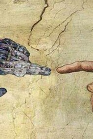Reinterpretazione della creazione di Adamo con mano di robot