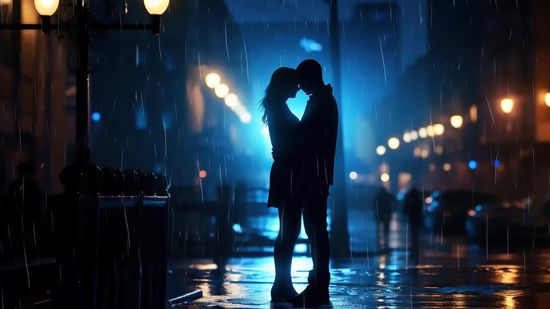 A couple hugging under the rain