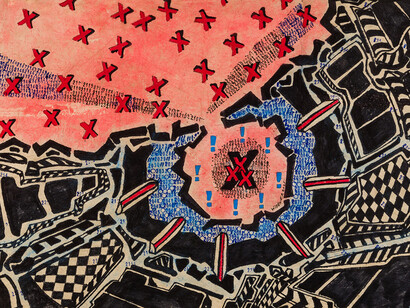 George Widener, Untitled (Red Xs) (detail), 2025. Courtesy of Hirschl & Adler