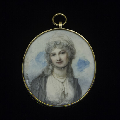 Unidentified artist, Miniature portrait of Princess Anna Grigorievna Belosselsky-Belozersky, 1795, Watercolor on ivory, gold mount, hair, 3 7/8 x 2 1/2 x 1/4 inches (framed). Promised gift of Marina Belosselsky-Belozersky Kasarda