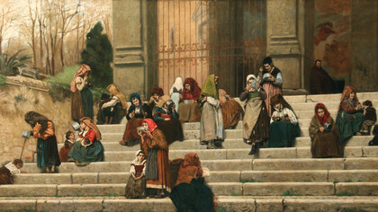Federico Zandomeneghi, Los pobres en los escalones de la iglesia de San Gregorio en el Celio (detalle), 1892, Milán, Galería de Arte de Brera