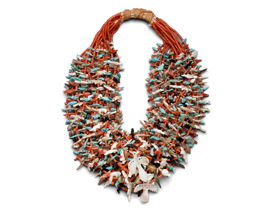 Leekya Deyuse (1889-1966), Zuni, New Mexico. Fetish Necklace, ca. 1935. Coral, shell, turquoise, jet, cotton cord, and leather, length: 16 inches. Gift of Mrs. David T. Beals, 68-5/12.