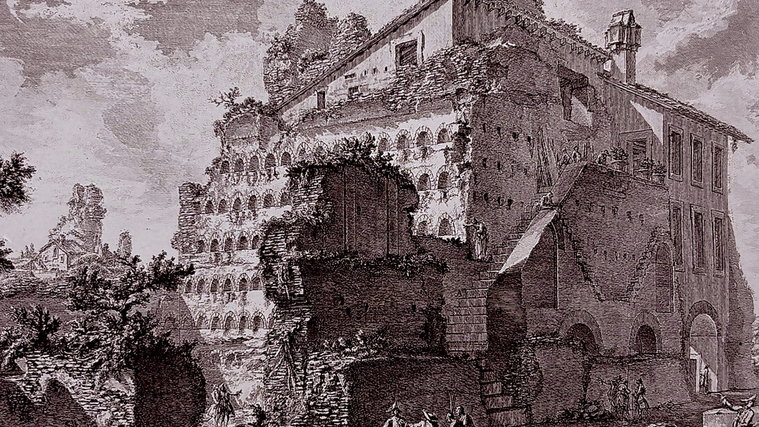 Veduta esterna delle tre Sale sepolcrali, credute della Famiglia d'Augusto, 370 x 500 mm.  Retrieved from Ficacci, L. (2022). The Antiquities of Rome. In Piranesi: The Complete Etchings (p. 230)