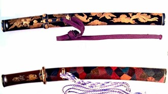 Top: Hardwood sacred beast motif in gold color, Edo period; bottom: multi-painted wooden sheath for a small sword © Japanese Sword Museum