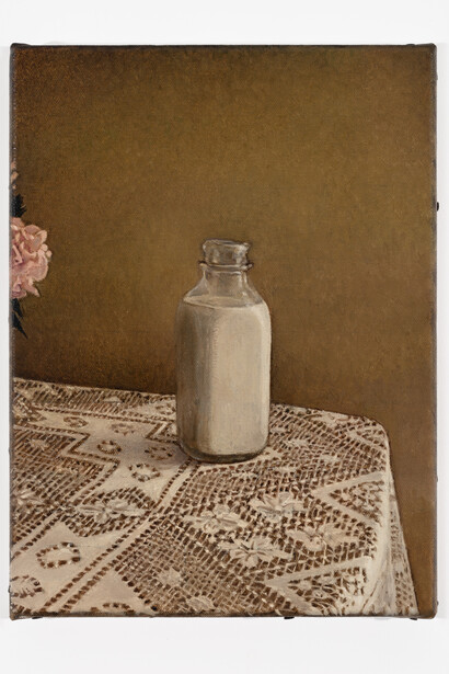 Nicholas Bierk, Milk, 2023, oil on canvas, 22.9x30.5 cm. Courtesy the artist and Fortnight Institute, NYC