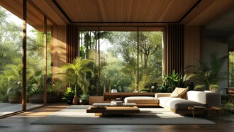 A living room combining wood, organic textures, soft furnishings and expansive glazing, showing the human-centred character of warm modern architecture