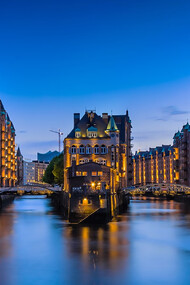 Speicherstadt by night, Hamburg’s historic warehouse district, Germany