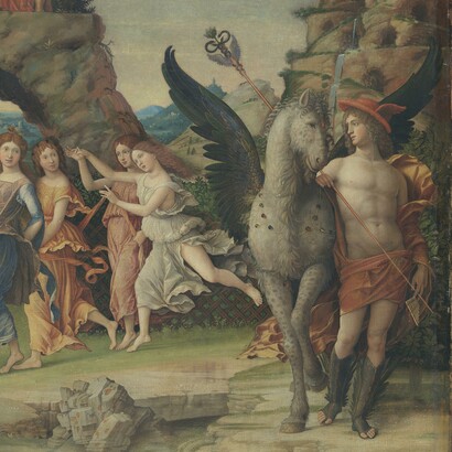 Andrea Mantegna, Parnaso, 1497. Dettaglio Mercurio e Pegaso. Louvre, Parigi, Francia