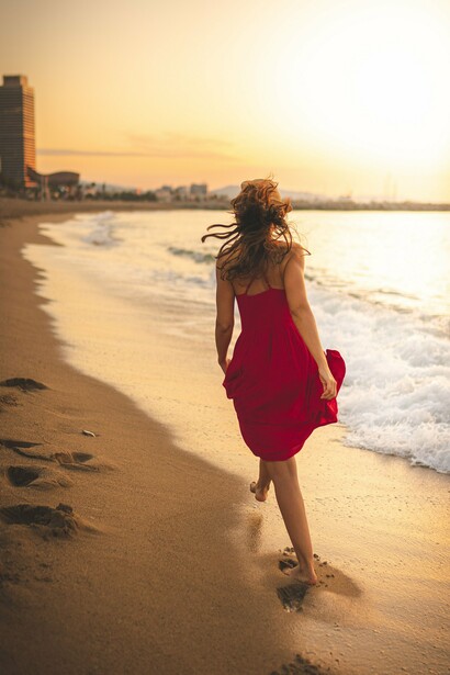 A mulher segue pela faixa de areia molhada, acompanhando a linha da água e o movimento das ondas. Estar em paz com as próprias escolhas não significa ter todas as respostas, mas aprender a reconhecer os próprios limites e respeitar os caminhos diferentes dos demais