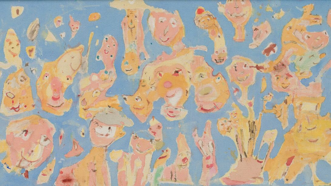 Ross Simonini, The Yets (close-up), 2023, milk paint on canvas in walnut frame, 21x67 inches. Courtesy the artist and Shrine, Los Angeles