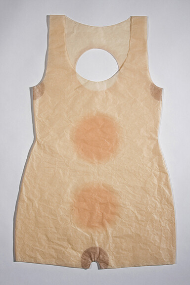 Kristin Martincic, cream large dot sheer suit, Monotype on mitsumata, stitchin