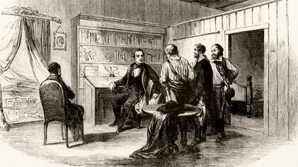 El líder filibustero William Walker con varios de sus compinches, en su oficina en Granada, Nicaragua. Fuente: «Frank Leslie᾽s Illustrated Newspaper»