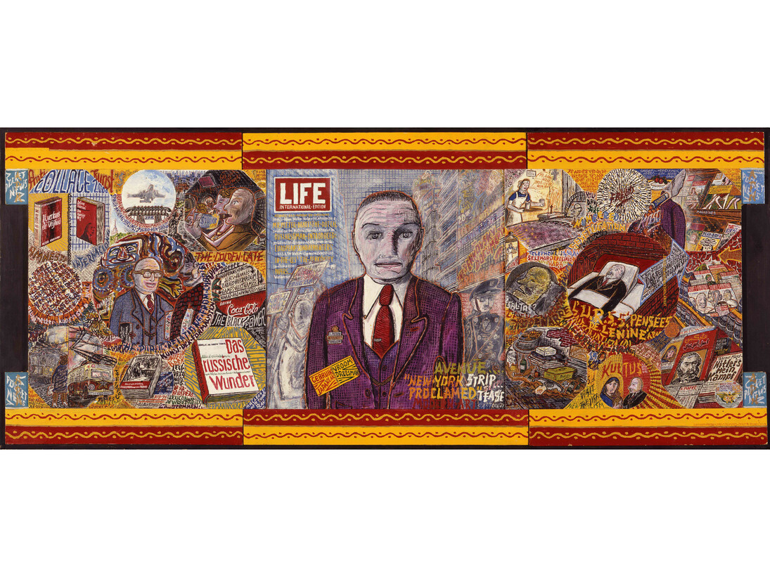 Willem van Genk, Untitled (New York Proclamed . . . N. Petrov), The Hague, Netherlands, c. 1973, Mixed media on assembled millboards, Unframed: 25 ½ x 63 1/8 inches (65 x 160,5 cm), Framed: 26 ½ x 64 ¼ x 1 inches (67,7 x 163,5 x 2,5 cm). Collection Foundation Willem van Genk, Museum Dr. Guislain, Ghent, 210302100. Photo: Guido Suykens, Ghent