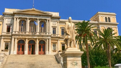 The Ermoupoli Town Hall in Miaouli Square, Syros, representing the elegance and grandeur of the island's historic civic architecture