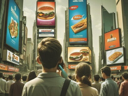 Surrounded by billboards and promotional signs, pedestrians walk the streets of a world where every corner, every glance is designed to sell, leaving little space for individual thought or genuine connection