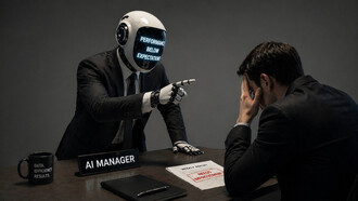 A robotic boss scolding an employee at their desk, representing the loss of human understanding in modern workplaces