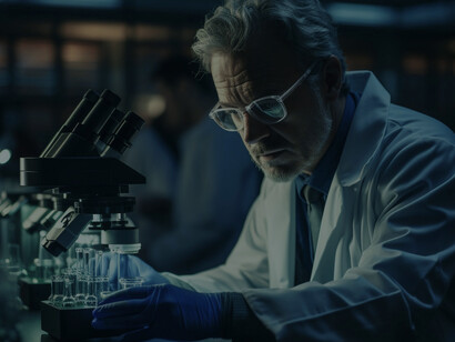 Scientist analyzing holding microscope working in laboratory serious and concentrated
