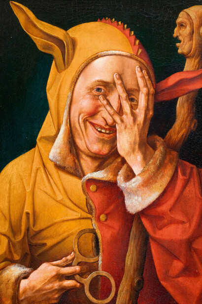 Maître de 1537, Portrait de fou regardant à travers ses doigts. Avec l'aimable autorisation du Musée du Louvre