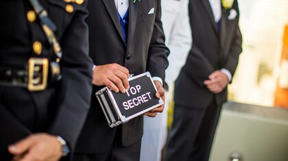 Man holding a top secret sign