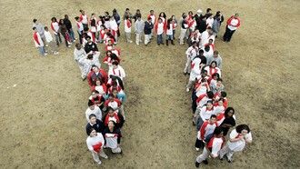 Math students at Maurice J. Tobin School in Boston, Massachusetts, USA celebrate 'Pi Day' in March, forming a human Pi symbol
