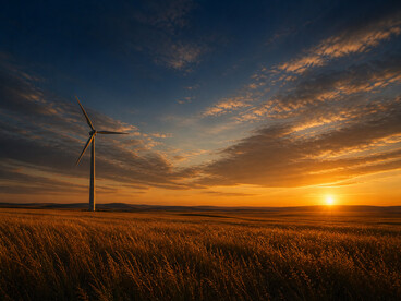 A lone oil pump stands over cracked, as the sun sets, capturing the environmental cost of fossil fuel extraction