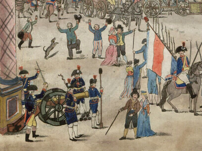Escena de la ejecución de Robespierre. El cementerio de Errancis, estaba ubicado en el distrito VIII y estuvo en uso entre marzo de 1793 y mayo de 1795, tras el cierre del cementerio de la Madeleine. Una placa en la rue de Monceau marca la ubicación, indicando que allí fueron enterradas 1119 víctimas, Francia