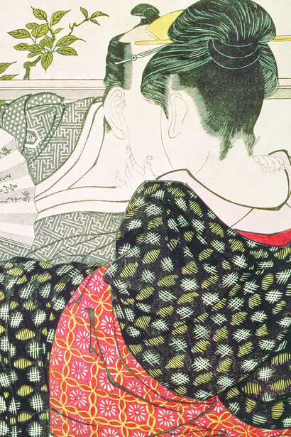 Kitagawa Utamaro, Couple faisant l’amour à l’étage supérieur, 1788. Livre illustré (nishiki-e) intitulé Uta Makura (Poème de l’oreiller), un volume, 25,5 x 37 cm. British Museum, Londres.

