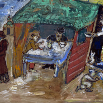 Marc Chagall, The Feast of the Tabernacles (Sukkot), c. 1916, Gouache and watercolour on paper, 52,2 x 66,5 cm, Gift from Arnold e Dorothy Neustadter, Palm Beach, to the American Friends of the Israel Museum, © Chagall ® by SIAE 2015