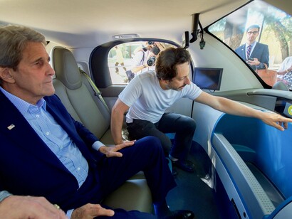 Sergey Brin shows  U.S. Senator John Kerry the sensor displays inside one of Google's self-driving cars in Palo Alto, California, on June 23, 2016