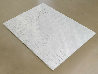 Rirkrit Tiravanija, untitled 2020 (a hurricane in a drop of cum) (two flags, 1962), 2020,
Marble,
249 x 183.5 x 3 cm, Courtesy of the artist and
Galerie Chantal Crousel, Paris, ph. Martin Argyroglo