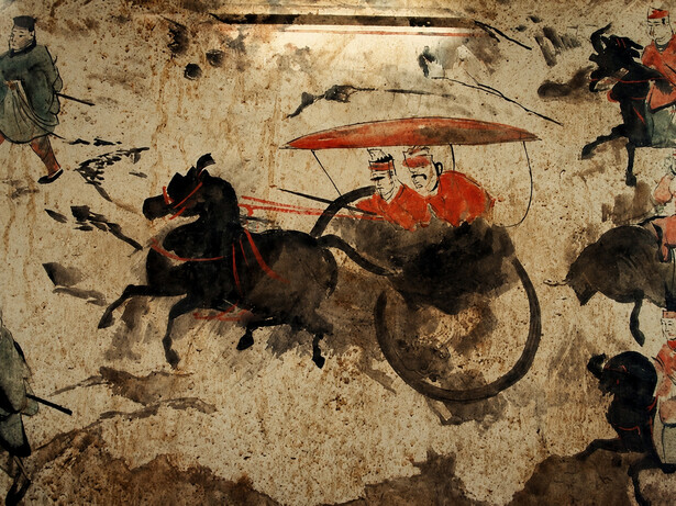 Late Han Dynasty fresco depicting nine chariots, fifty horses, and more than seventy figures, discovered in a tomb in Luoyang, China