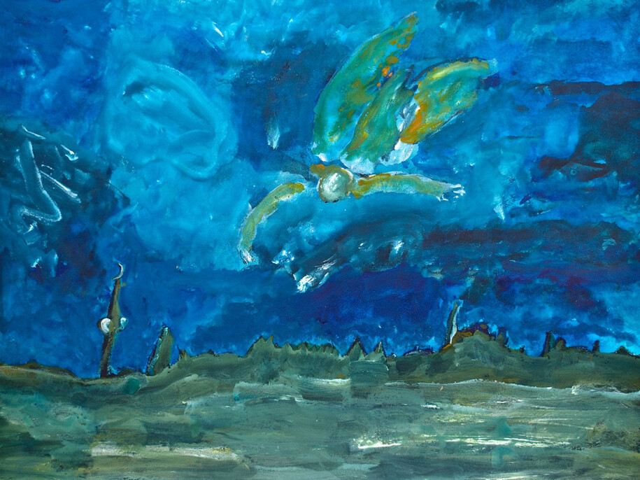 Patrick Hall, Angel Over City, (Thailand Series), 2014, mixed media on paper, 42 x 60 cm