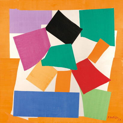 Henri Matisse (French, 1869-1954). The Snail (L’Escargot), 1953. Gouache on paper, cut and pasted, on paper, mounted on canvas. 112 ¾ x 113” (286.4 x 287 cm). Tate. Purchased with assistance from the Friends of the Tate Gallery, 1962. © 2014 Succession H. Matisse / Artists Rights Society (ARS), New York