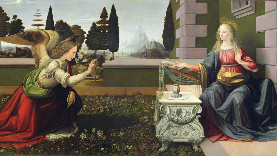 Andrea del Verrocchio und Leonardo da Vinci, „Die Verkündigung“ (ca. 1472), Fragment. Öl auf Holz (98X217 cm), Galleria degli Uffizi, Florenz