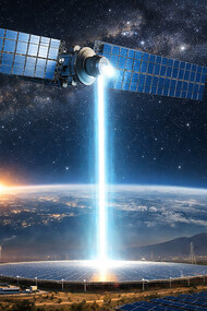 A futuristic space-based solar power satellite transmits continuous clean energy from orbit to a ground receiving station on Earth