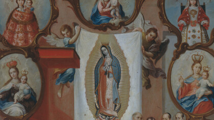 Miguel Cabrera (atribuido). La proclamación pontificia del patronato de la Virgen de Guadalupe sobre el reino de la Nueva España. c 1756. Óleo sobre lámina de cobre. 57.9 x 43.4 x 0 cm. Museo Soumaya.Fundación Carlos Slim. Fragmento central