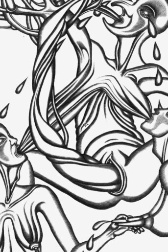 Female creature weeps while coupling with a tree
