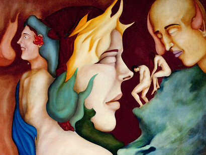 A. De Romanis, Eroi e miti, olio su tela, cm 150x100, 1990, particolare