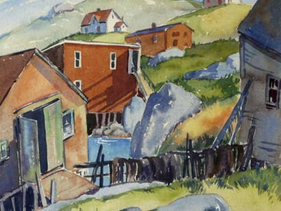 Marguerite Porter Zwicker, Untitled [Fishing Sheds], c 1940, Watercolour over graphite on wove paper, 22.5 x 30.2 cm. Gift of Jean LeVine, Vaughan, Ontario, 2010