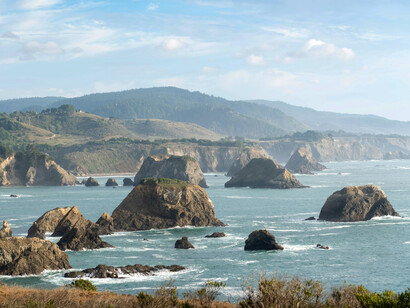 Small rocky island formations along the coastline, California, USA