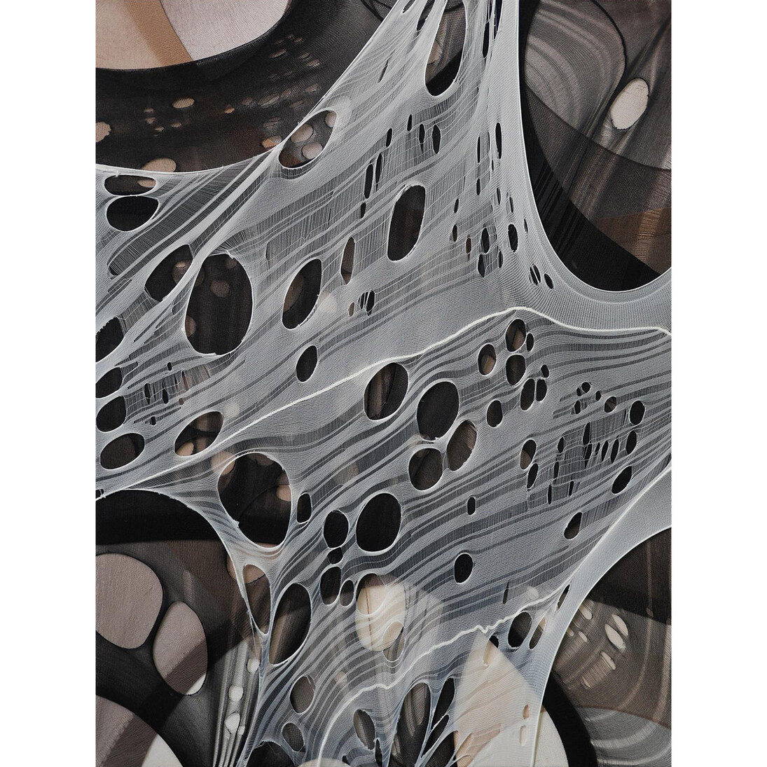 Eric Mistretta, Pale Fire 6, 2014, nylon stockings on canvas, 24 x 18 inches. Courtesy Scaramouche, New York