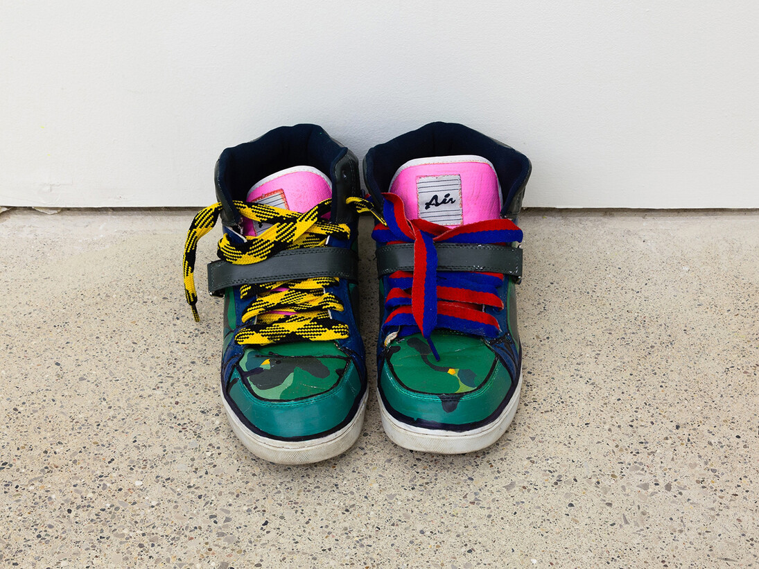 John Olson, 
Untitled, 2013,
Acrylic paint on used athletic shoes,
15.24 x 30.48 x 12.7 cm
(in. 6 x12 x5 )