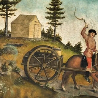 Hans Hesse, Bergbaulandschaft vom Bergbaugemälde auf der Rückseite des Annaberger Bergaltares in der  St. Annenkirche Annaberg, Ausschnitt (detail), 1522. Courtesy of Kunstsammlungen Chemnitz