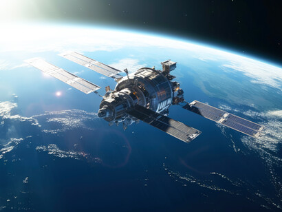 A view of Earth from space, with a satellite in orbit