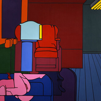 Valerio Adami, Bed Room Scene, 1969.
Acrylique sur toile, 243 x 365 cm.
Photo Claude Germain, Archives Fondation Maeght.
© Adagp Paris 2016.