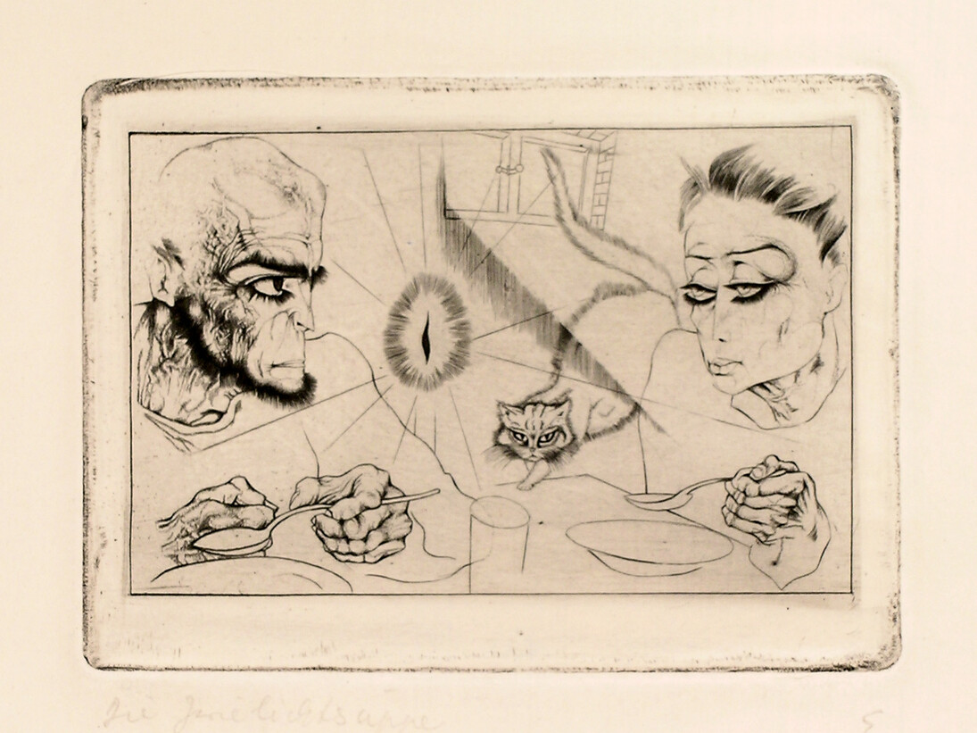Eddy Smith, Die Zwielichtsuppe ["The Twilight Soup"] from the portfolio Die schwarze Mappe ["The Black Folder"], 1924, Etching, 15 1/4 x 11 1/2 inches (38.7 x 29.2 cm) - sheet, Initialed, titled & dated on recto. Ubu Gallery, New York