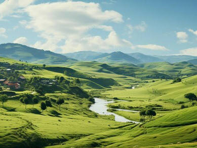 AI generated Idyllic meadow, rolling landscape, tranquil scene, green grass, mountain peak. Gives a nostalgic, almost 17th Century view of the idea of contemporary landscape