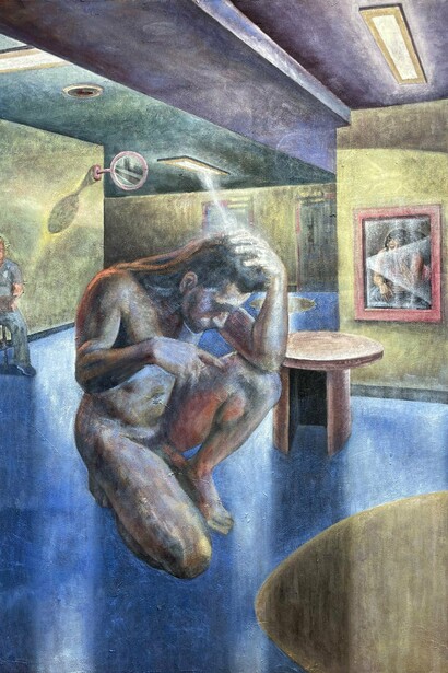 Miguel Colón,
Dayroom (detail),
2024,
Mixed media on jute,
72 x 60 in/182.9 x 152.4 cm. Courtesy of the artist and Fountain House Gallery