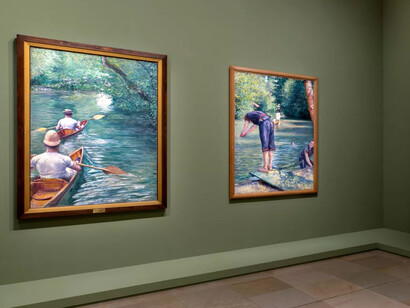 Gustave Caillebotte, Pintar hombres, vista de exhibición. Cortesía del Museo de Orsay